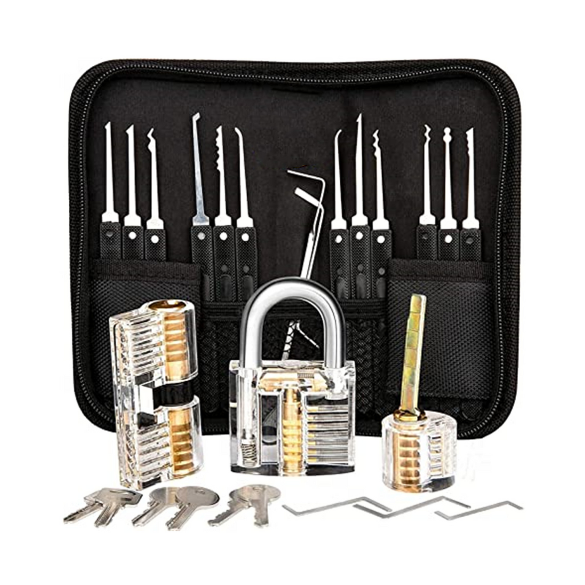 Professional 17-Piece Lock Pick Set with 3 Transparent Padlock LockSmith Tool