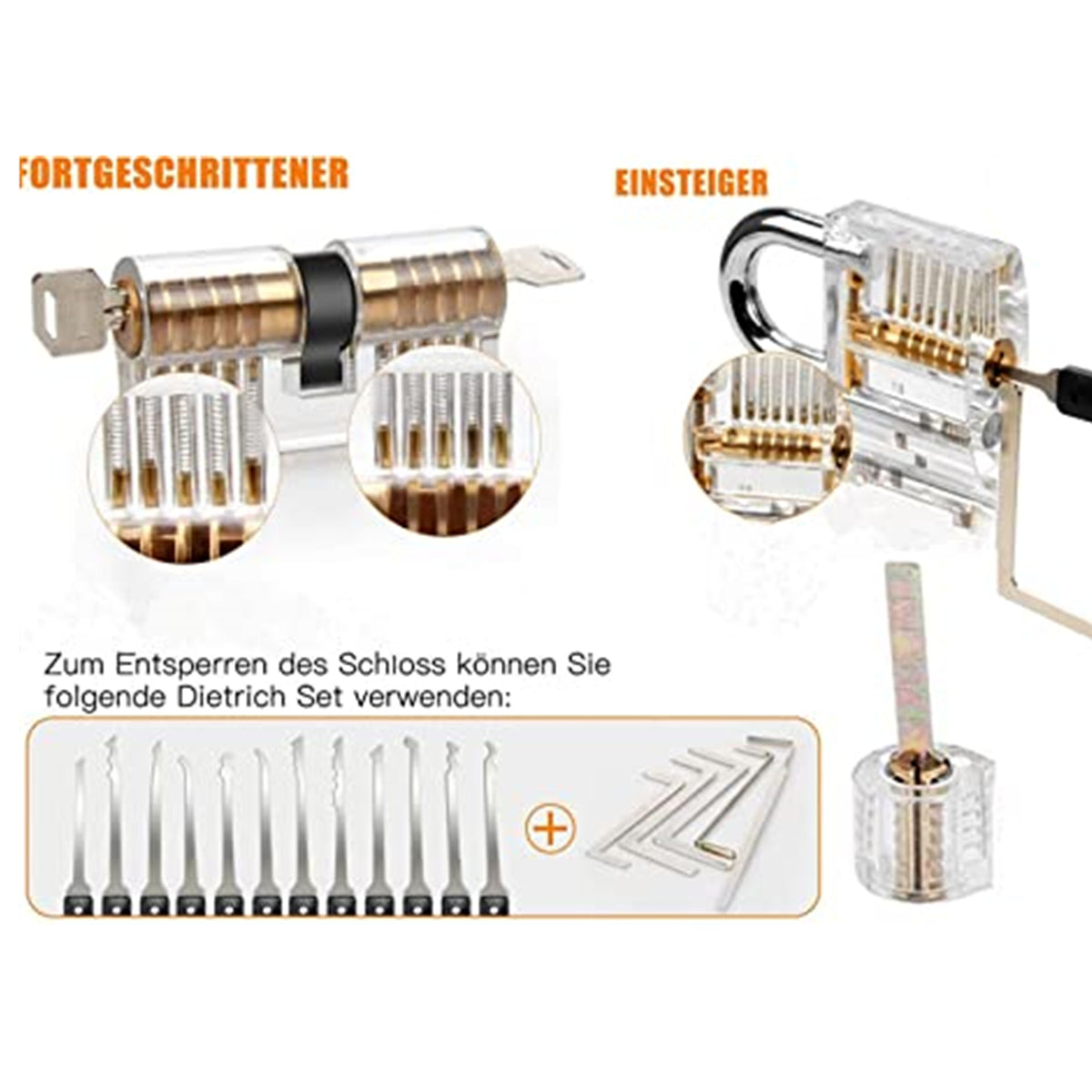 Professional 17-Piece Lock Pick Set with 3 Transparent Padlock LockSmith Tool