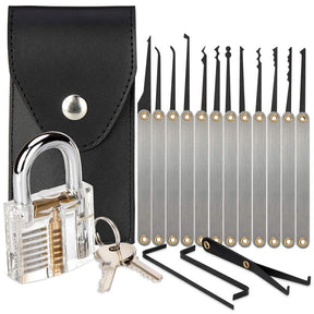 15Pcs Lock Picking Kit with 1 Transparent Practice Padlock