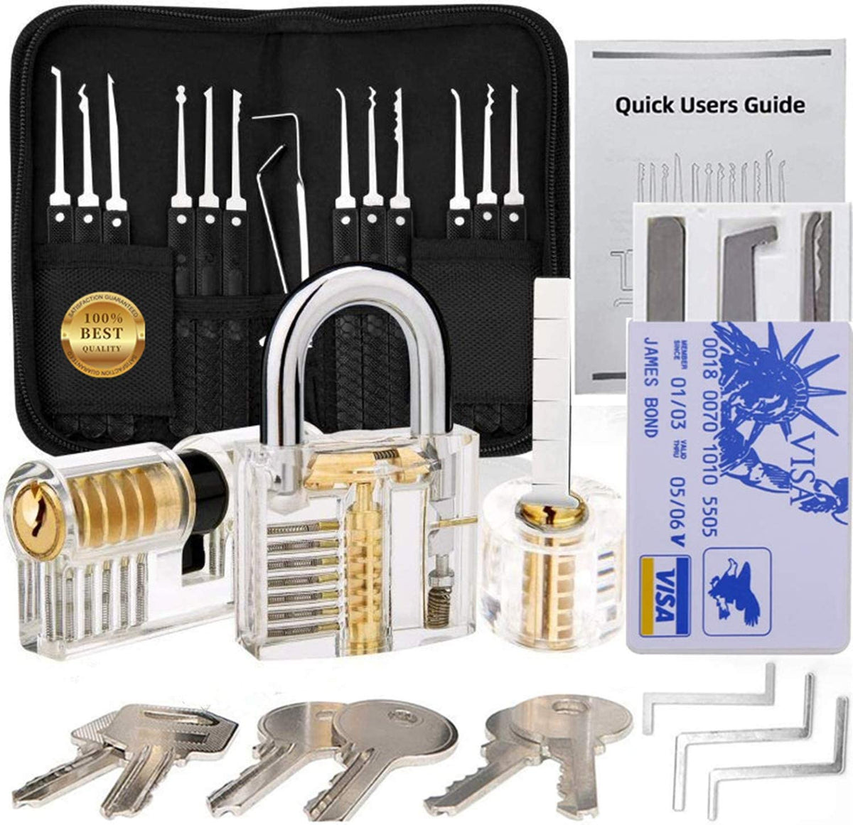 Professional 17-Piece Lock Pick Set with 3 Transparent Padlock LockSmith Tool 1 Credit Card lockpick set
