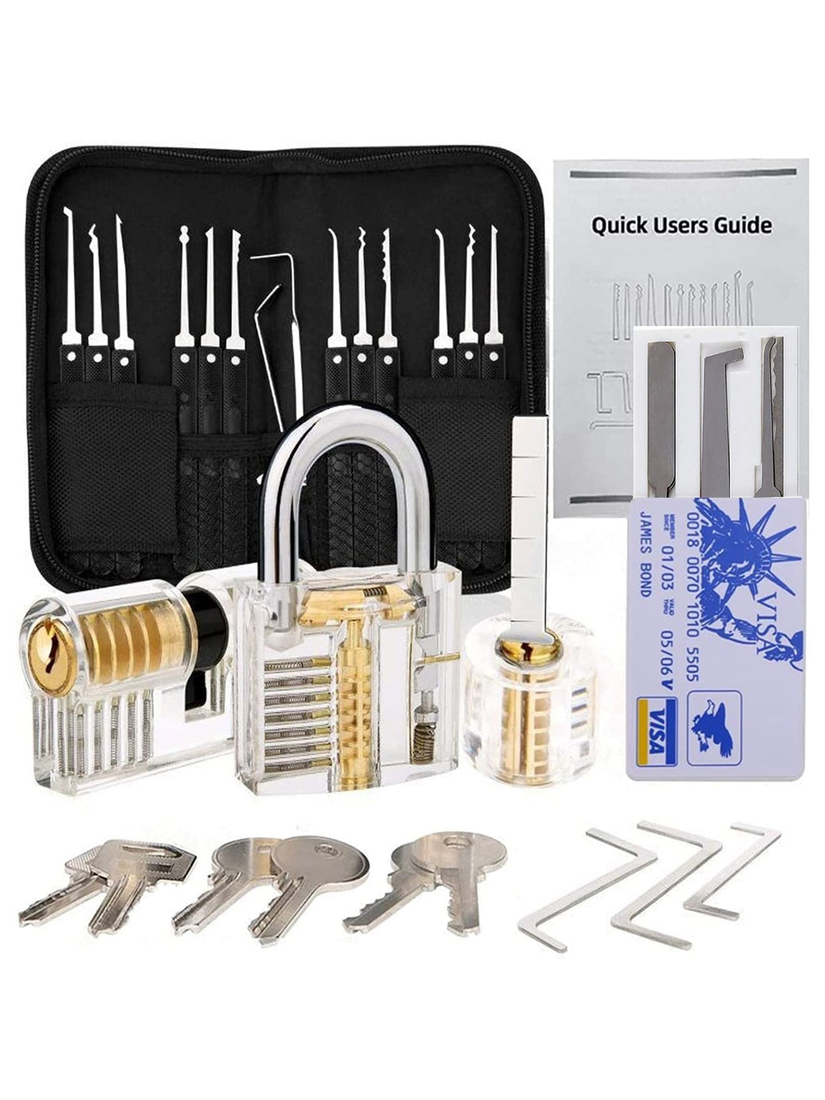 Professional 17-Piece Lock Pick Set with 3 Transparent Padlock LockSmith Tool 1 Credit Card lockpick set