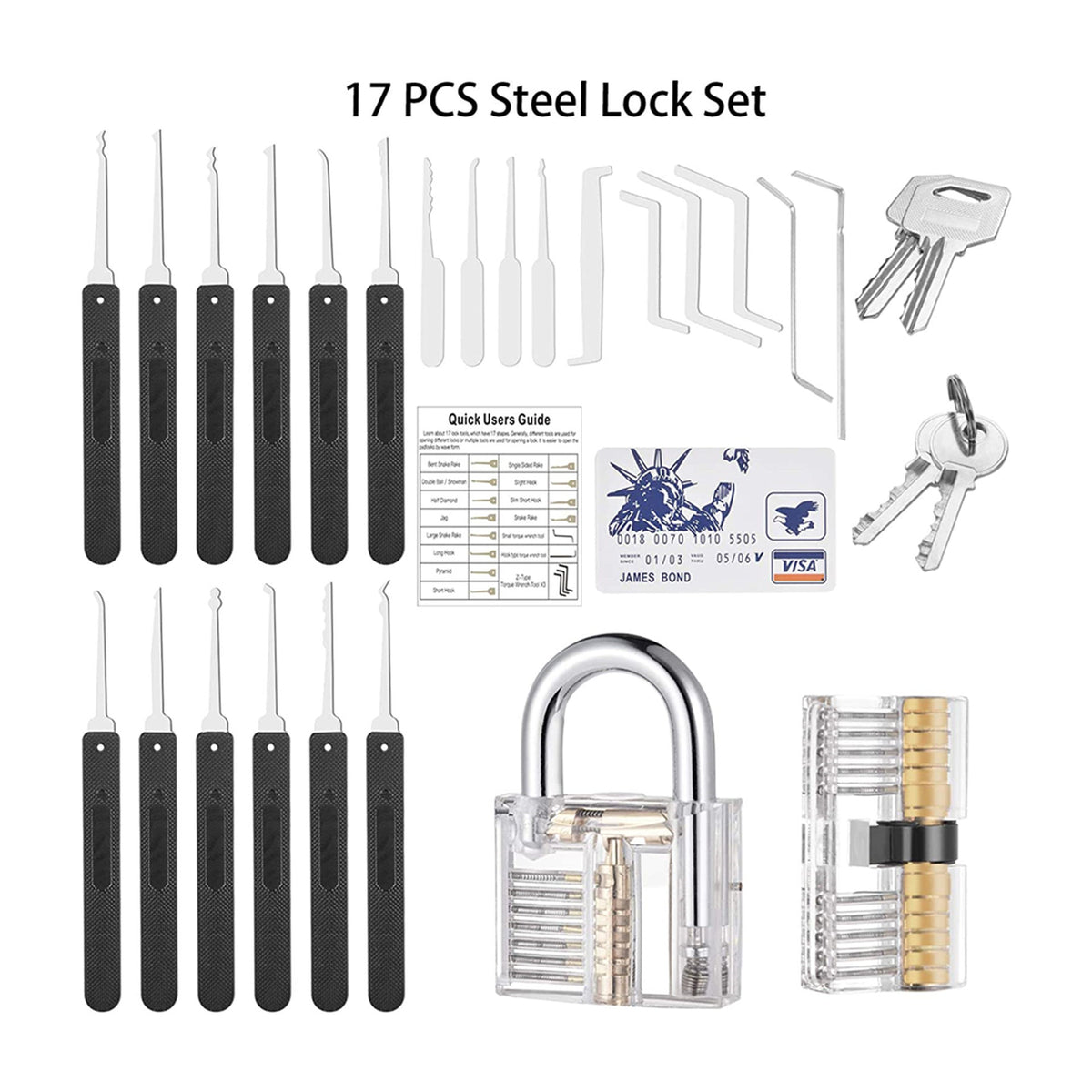 Professional 17-Piece Lock Pick Set with 2 Transparent Padlock LockSmith Tool 1 Credit Card  Lockpick Set