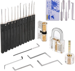 17Pcs Lock Pick Set 3 Transparent Padlock 1 Credit Card lockpick set