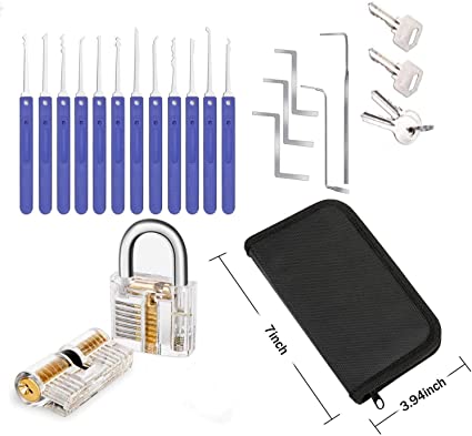 Professional 17-Piece Lock Pick Set with 2 Transparent Padlock LockSmith Tool