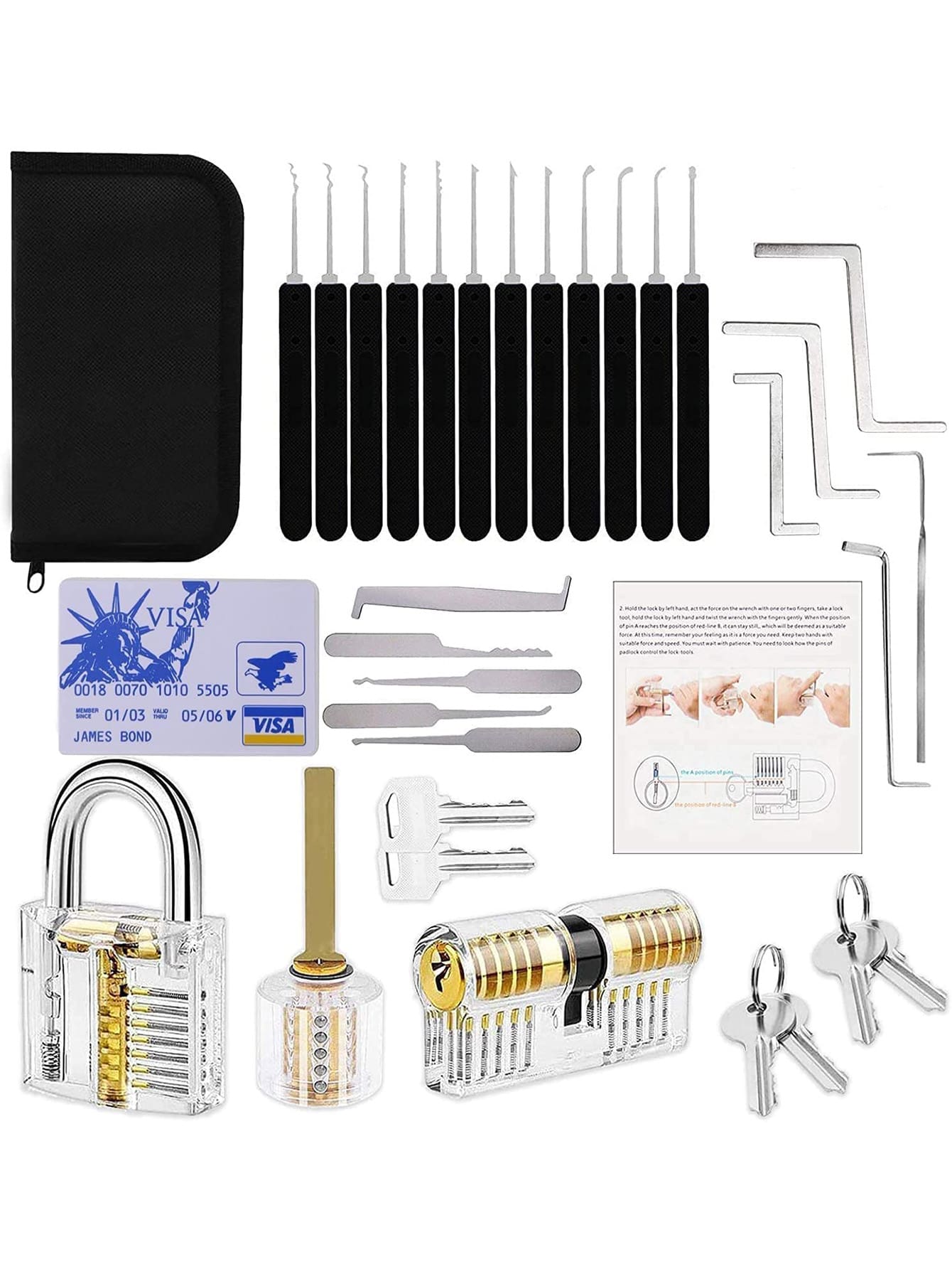 17Pcs Lock Pick Set 3 Transparent Padlock 1 Credit Card lockpick set