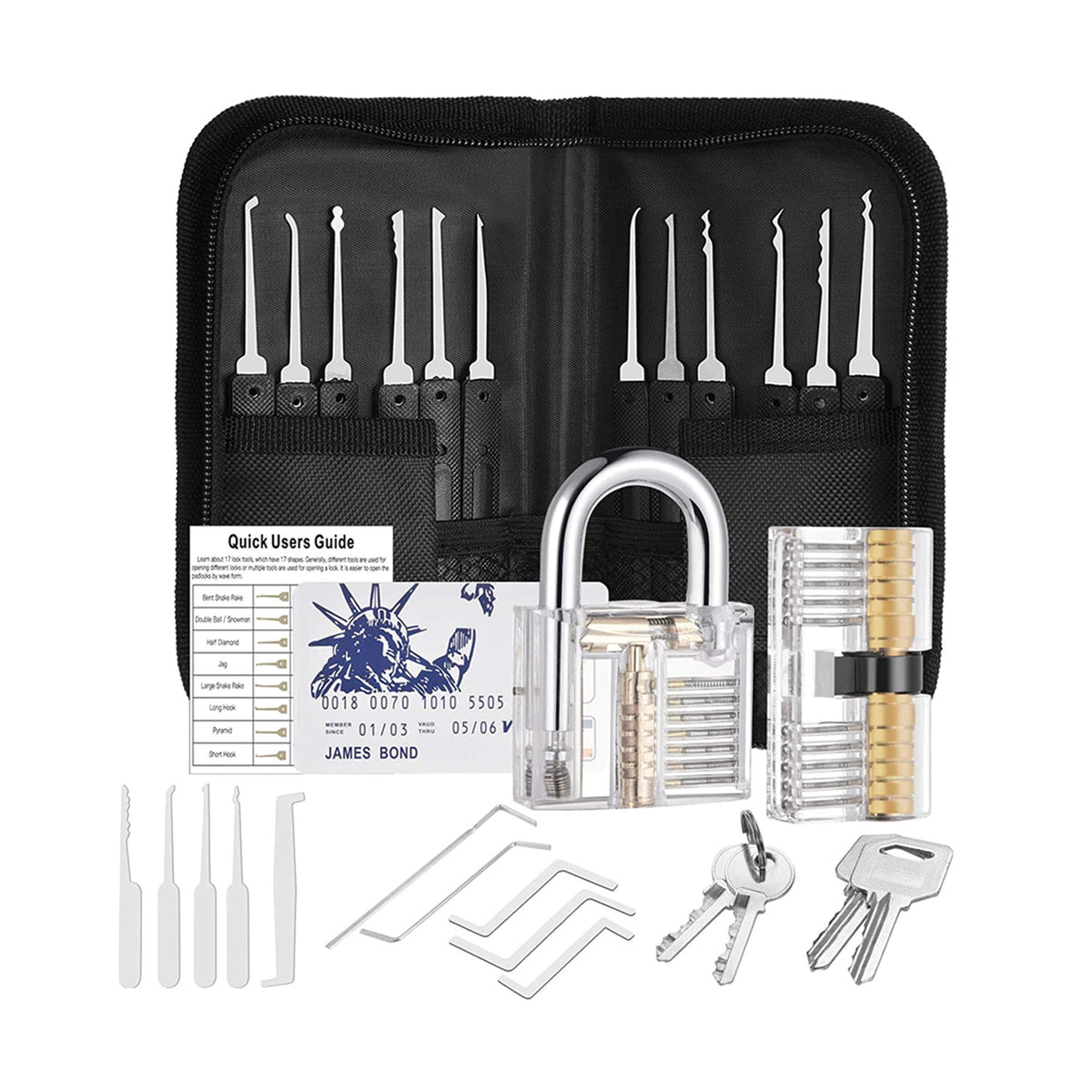 Professional 17-Piece Lock Pick Set with 2 Transparent Padlock LockSmith Tool 1 Credit Card  Lockpick Set