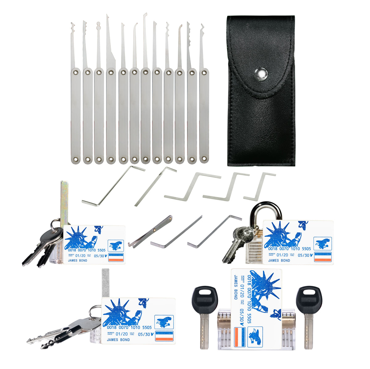 (V1)28 Pcs Lock Picking Kit with 4 Transparent Practice Lock Tool 4 credit card lockpick sets - Professional Stainless Steel Multitool Practice Tool Lock Set Handbag for Beginners & Locksmiths