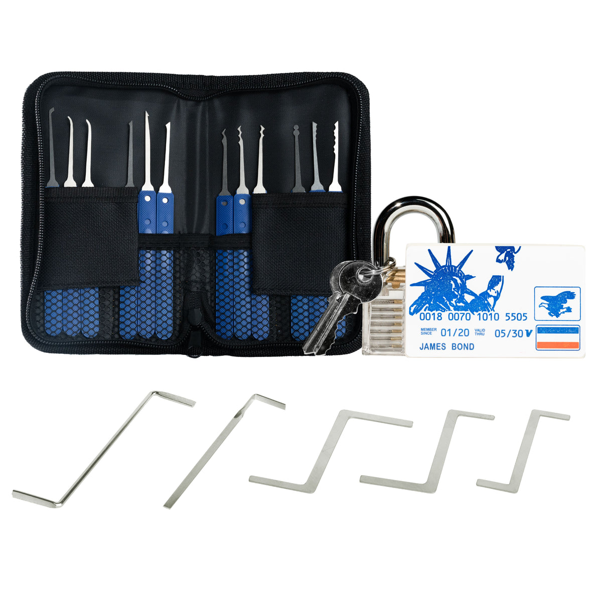 (V1)19 Pcs Lock Picking Kit with 1 Transparent Practice Lock Tool 1 credit card lockpick set - Professional Stainless Steel Multitool Practice Tool Lock Set Handbag for Beginners & Locksmiths